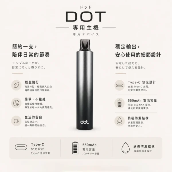 DOT switch 佩特里 升級款 專用主機｜550mAh高續航電芯 金屬防刮塗層 Type-C 快充與終極防漏結構 穩壓輸出不燒焦 專用DOT switch煙彈