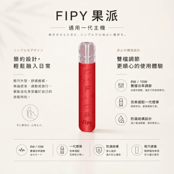 ChatGPT-Image-2026年8月22日-下午06_32_51.webp 【買6送1】Fipy 果派 HP2 一代通用主機|防漏結構設計 8W/10W 雙檔功率 高質感纖薄機身 完美適配一代煙彈