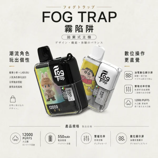 【買十送一】Fog Trap 限量聯名 12000口｜蠟筆小新 × LABUBU 油電數位顯示屏 雙檔功率切換 拋棄式電子煙