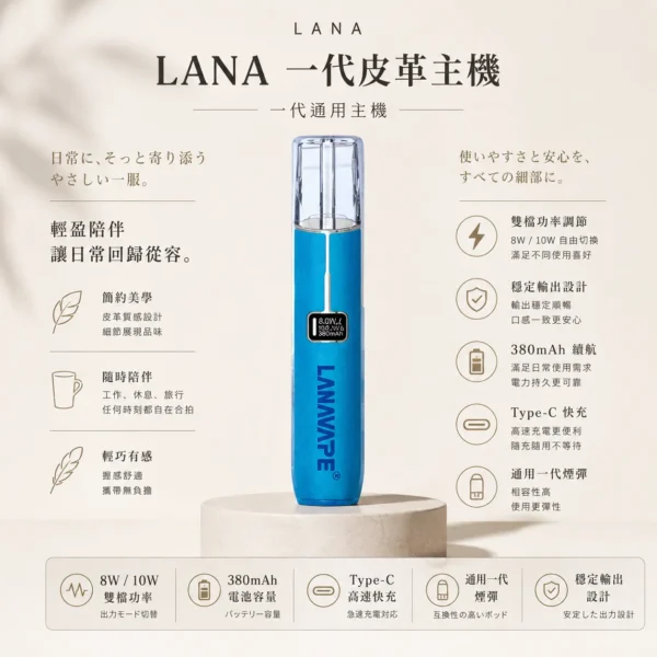 ChatGPT-Image-2026年8月23日-下午04_59_12.webp LANA 一代通用主機 皮革版|8/10W雙檔功率調節 380mAh續航不掉壓 Type-C快充 通用一代煙彈