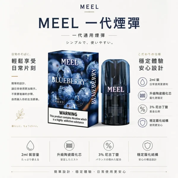 ChatGPT-Image-2026年8月23日-下午06_26_32.webp MEEL 一代通用煙彈|2ml 巨量裝 升級陶瓷霧化芯 3% 尼古丁鹽黃金比例 完美適配一代主機