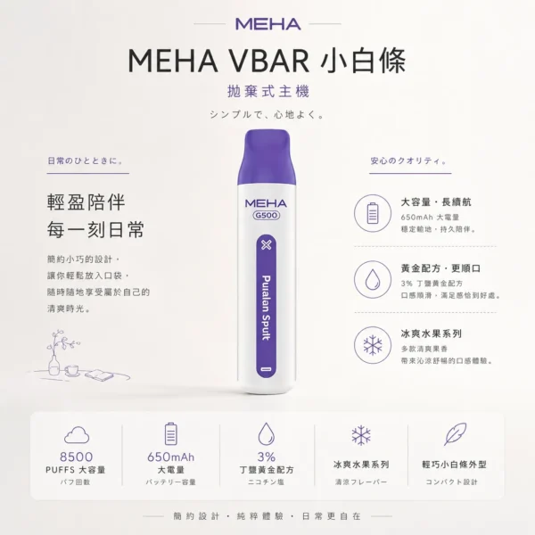 MEHA VBar 魅嗨 小白條 8500口 拋棄式電子煙｜冰爽水果系列清涼入喉 3% 尼古丁鹽黃金配方 650mAh 大電量可充電設計