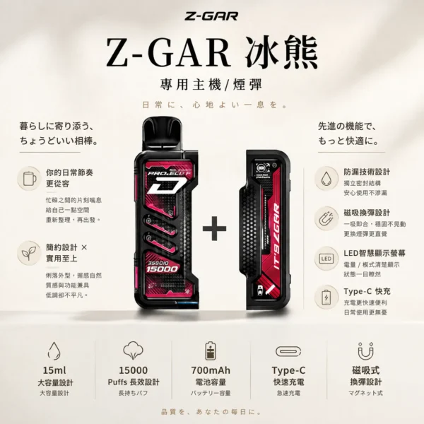 【加購100贈主機】Zgar 冰熊卡帶 15000口｜15ml煙油 LED智慧螢幕 700mAh Type-C快充 磁吸換彈防漏電子煙