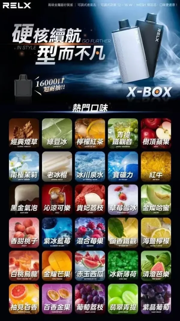RELX-悅刻-X-BOX-16000口拋棄式電子煙-風味圖.webp RELX 悅刻 X-BOX 16000口|12W-16W雙段功率調節 3%尼古丁鹽 Mesh網狀芯 專用換彈套裝